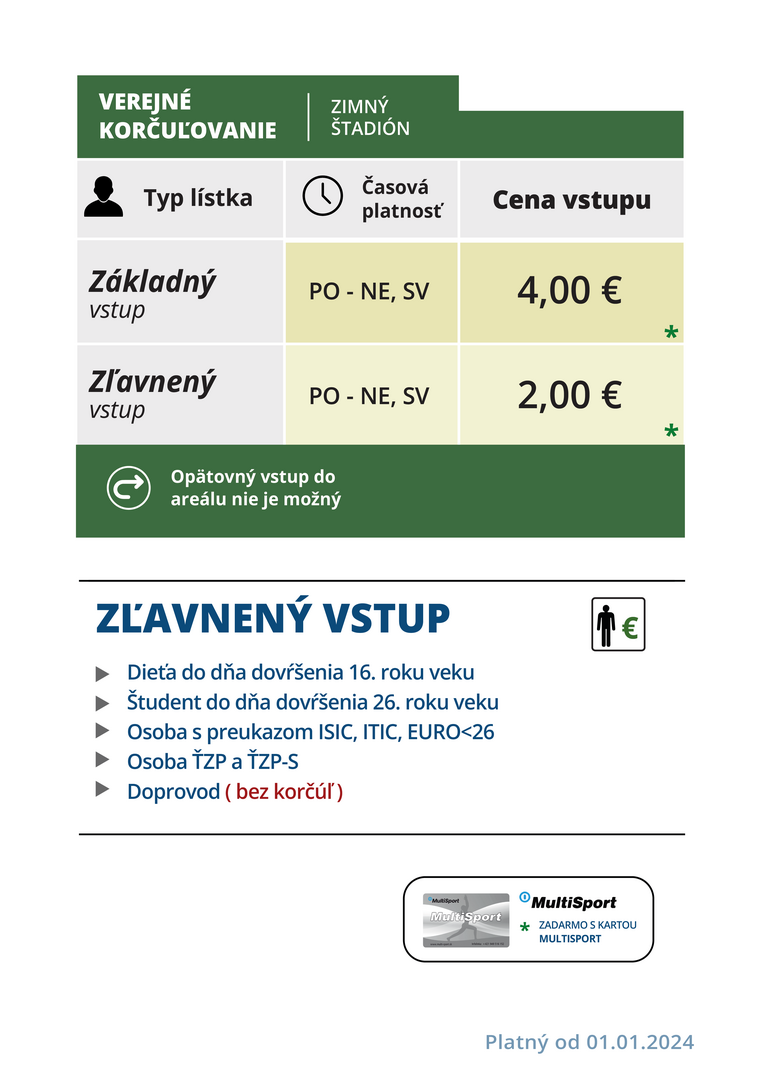 Verejné korčuľovanie - cenník platný od 1.1.2024