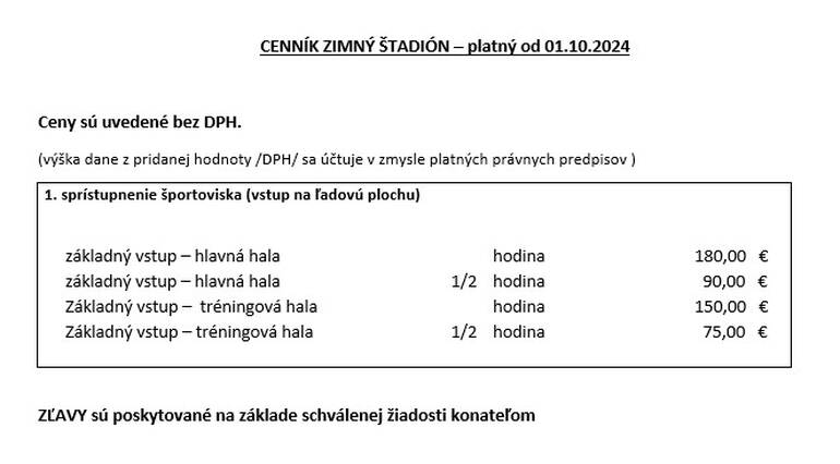 Cenník sprístupnenia športoviska