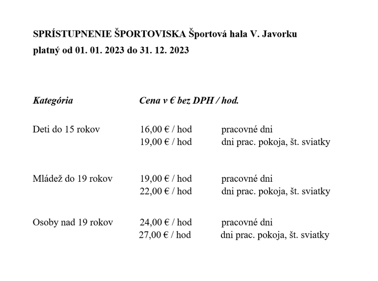 Sprístupnenie športoviska - cenník platný do 31.12.2023